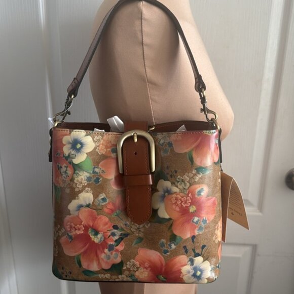 Patricia Nash Irving Bucket Handbag Leather Disstress Apricot Blsms Crossbody - Picture 2 of 9